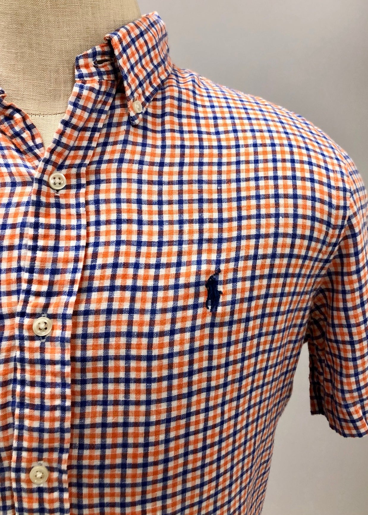 Camisa Polo Ralph Lauren 🏇🏼 De lino con patrón de cuadros naranja, azul y blanco Talla S Entalle Regular