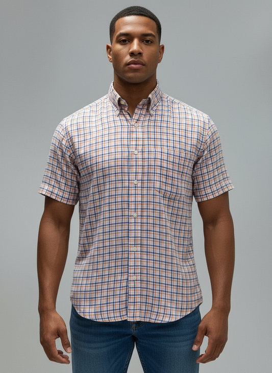 Camisa Brooks Brothers 🐑 De lino blanco de cuadros en color rosado, naranja y azul Talla M Entalle Regular