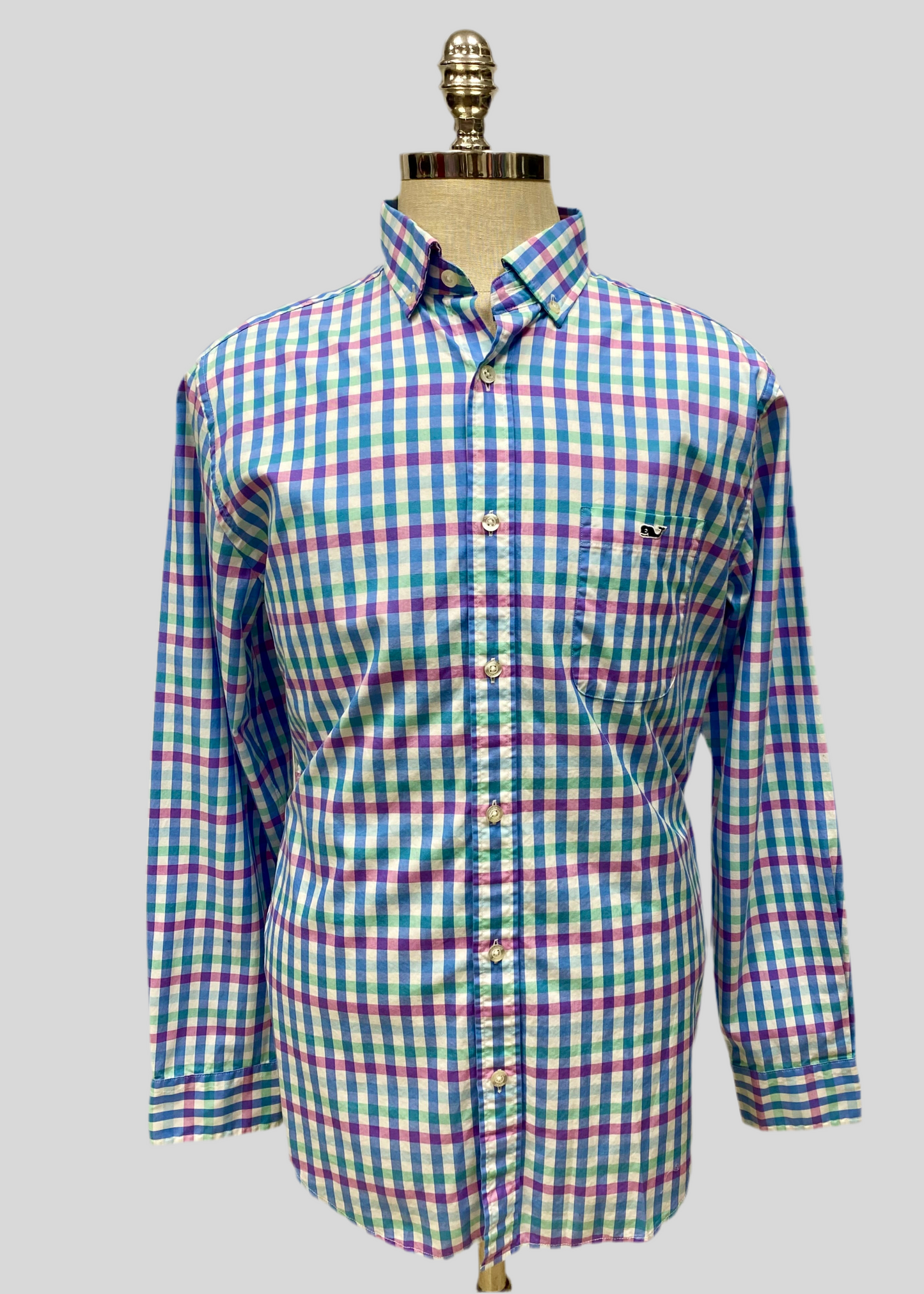 Camisa de botones Vineyard Vines 🐳 color blanco de cuadros en color verde, celeste y rosado intenso Talla M Entalle Clásico