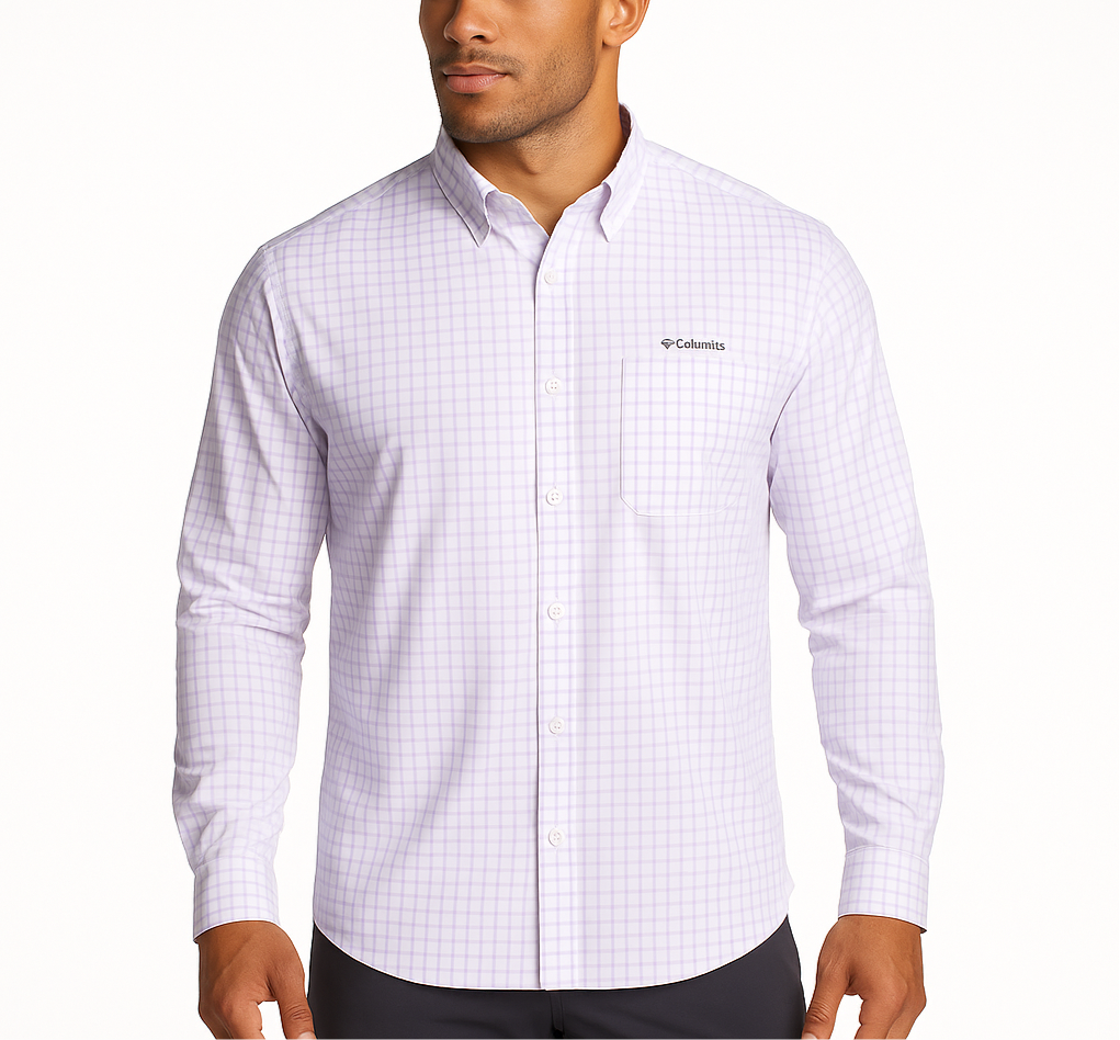 Camisa Columbia 🔹 Super Tamiami Color blanco con patrón de cuadros en lila Talla XXL