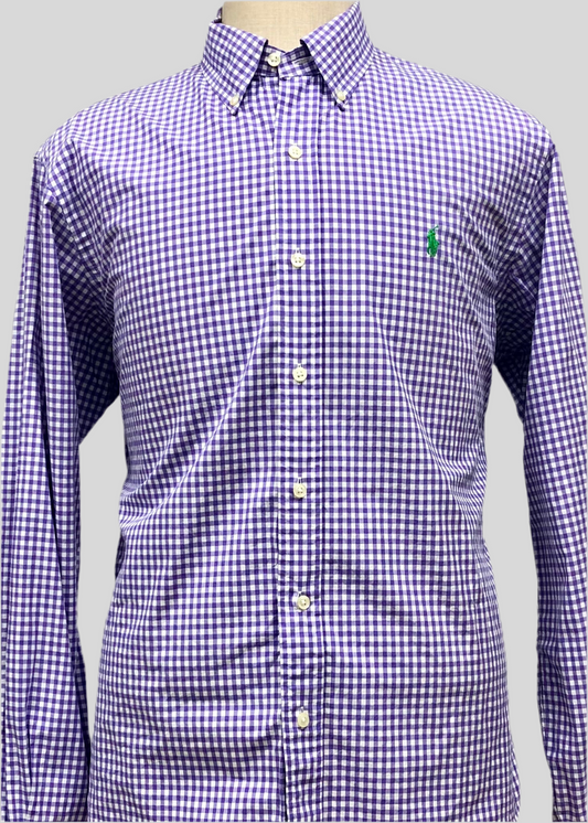 Camisa Polo Ralph Lauren 🏇🏼 con patron de cuadros gingham en color morado y blanco Talla XL Entalle Regular