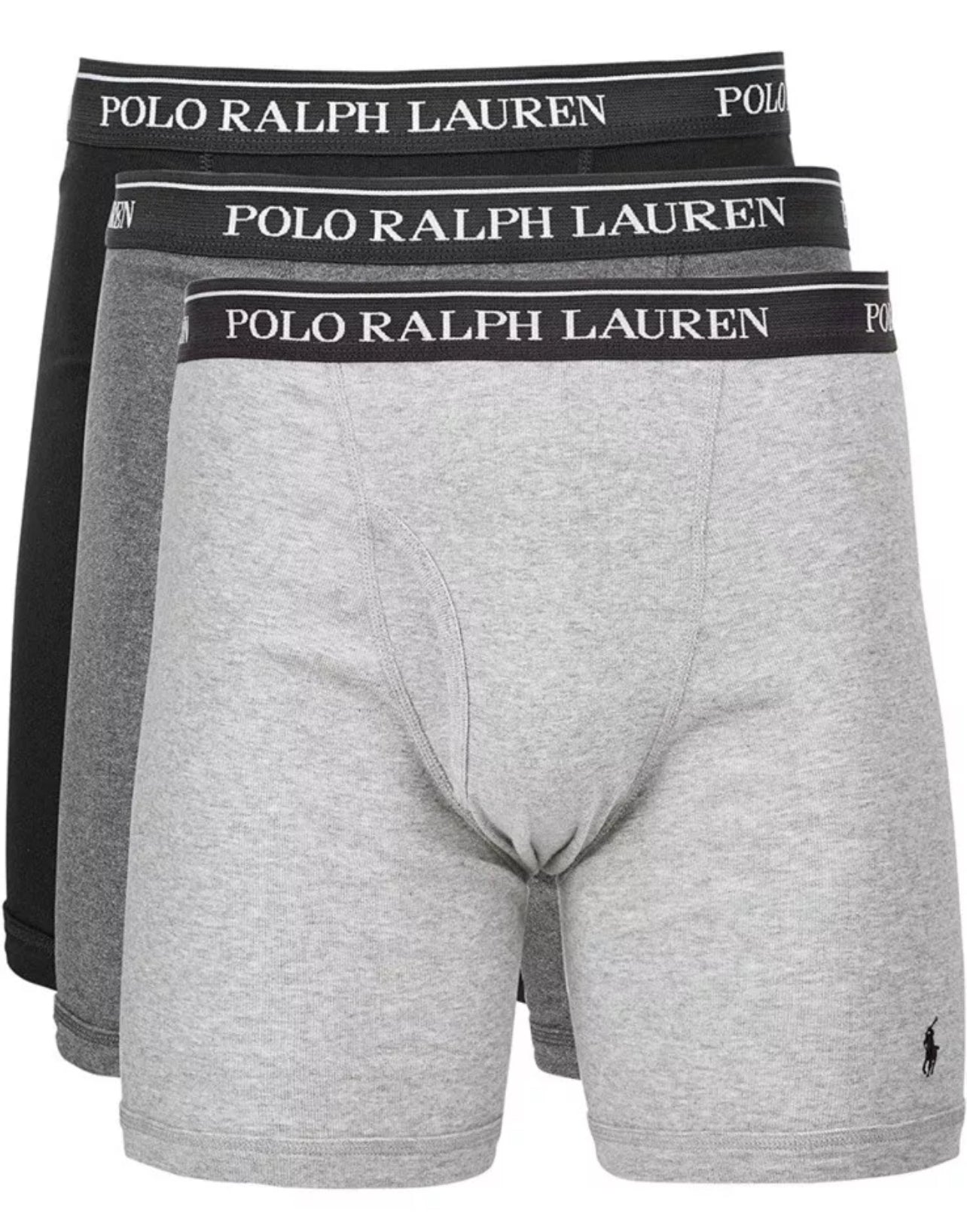 Paquete de 3 Boxer Briefs Polo Ralph Lauren 🏇🏼 Classic Fit Tela algodón stretch color gris oscuro, negro y gris claro Talla S