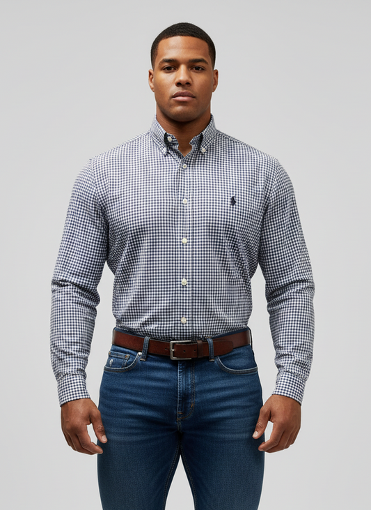 Camisa de botones Polo Ralph Lauren 🏇🏼 Color blanco de cuadros morado y azul navy Talla M Entalle Regular