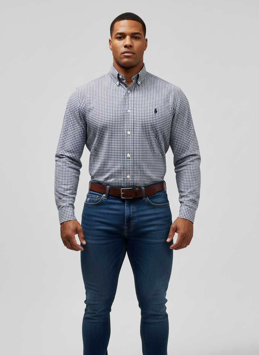 Camisa de botones Polo Ralph Lauren 🏇🏼 Color blanco de cuadros morado y azul navy Talla M Entalle Regular