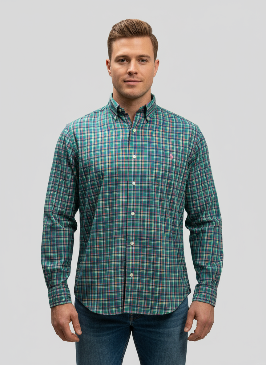 Camisa de botones Polo Ralph Lauren 🏇🏼 de cuadros verde, rosado y blanco Talla M Entalle Regular