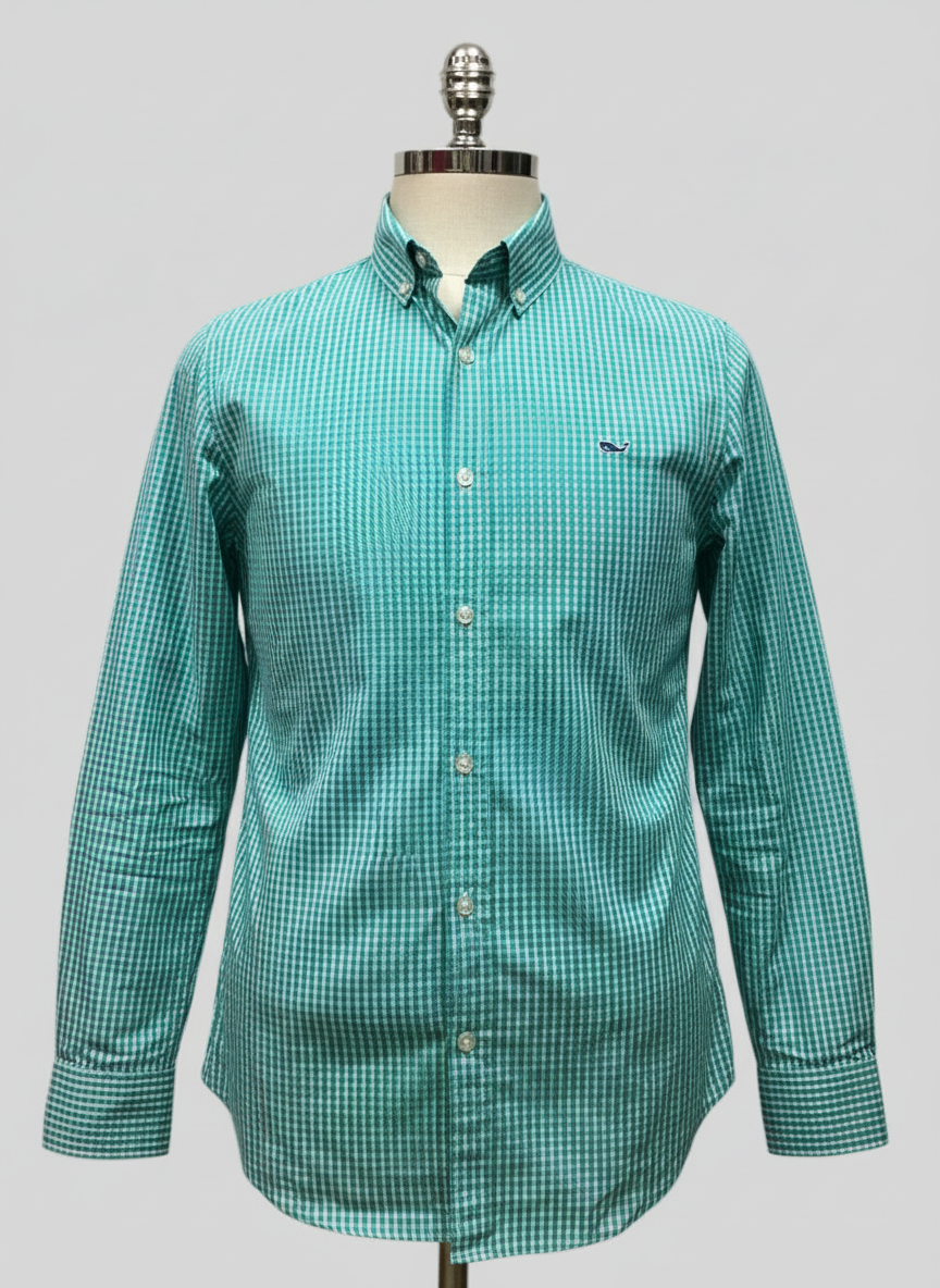 Camisa Vineyard Vines 🐳 con patrón de cuadros gingham en color verde esmeralda y blanco Talla S Entalle Slim Fit
