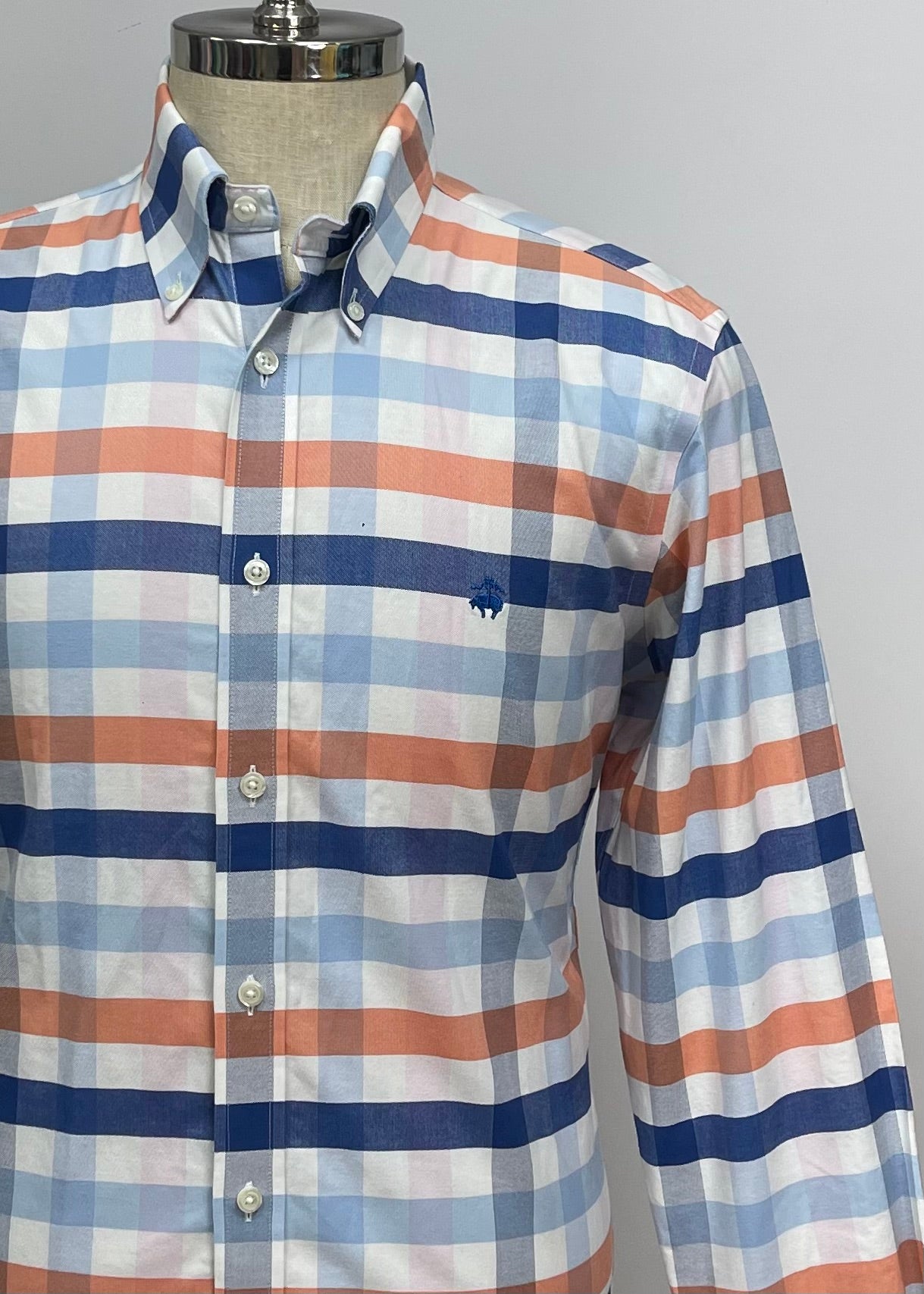 Camisa Brooks Brothers 🐑 color blanco con cuadros tartán en azul, naranja y celeste Talla M Entalle Regular