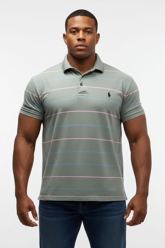 Camiseta Polo Ralph Lauren 🏇🏼 Tela performance color gris con rayas en rosado y celeste Talla XXL Entalle Regular