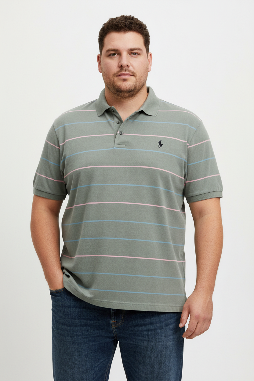 Camiseta Polo Ralph Lauren 🏇🏼 Tela performance color gris con rayas en rosado y celeste Talla XXL Entalle Regular