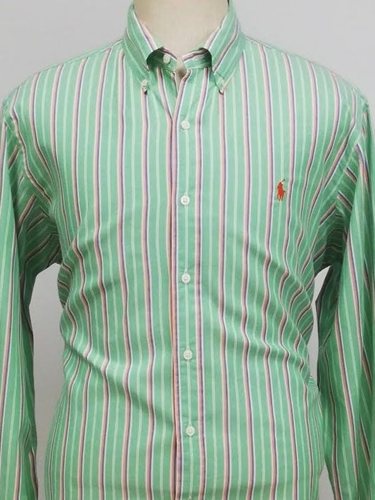 Camisa Polo Ralph Lauren 🏇🏼 color verde con patron de rayas en color naranja, azul y blanco Talla XL Entalle Regular (ver descripción)