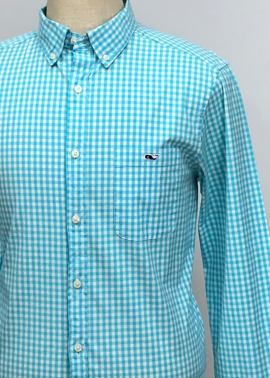 Camisa Vineyard Vines 🐳 con patron de cuadros gingham turquesa y blanco Talla M Entalle Clásico