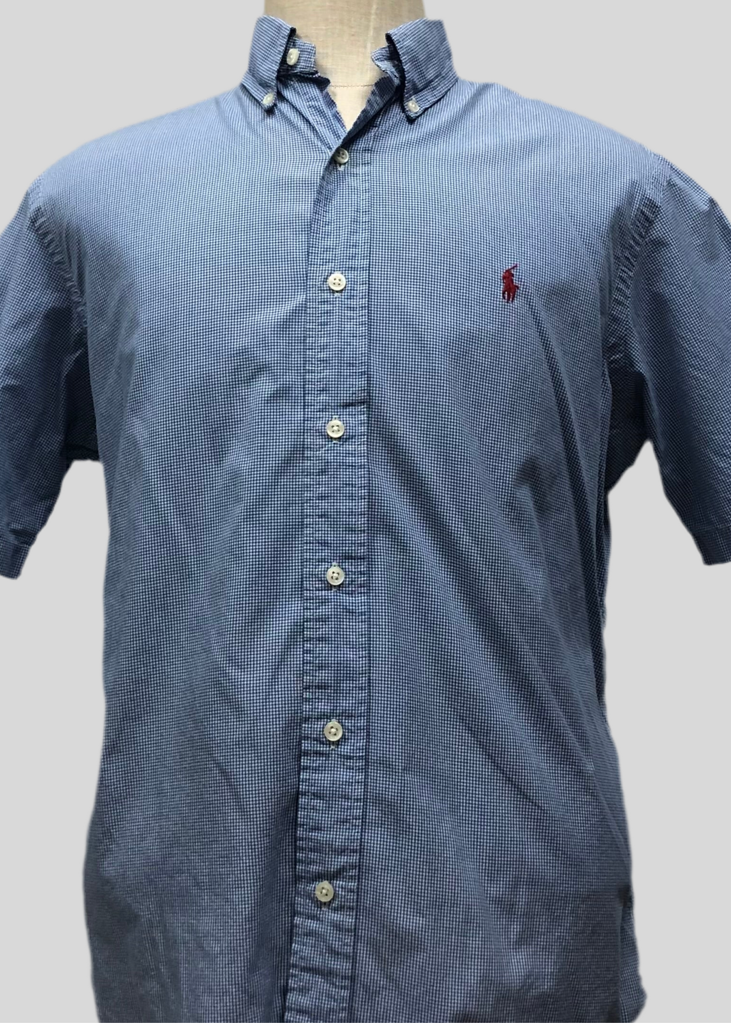 Camisa Polo Ralph Lauren 🏇🏼 color blanco con patrón de cuadros finos en azul Talla M Entalle Clásico