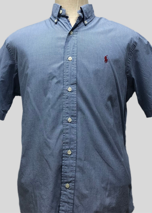 Camisa Polo Ralph Lauren 🏇🏼 color blanco con patrón de cuadros finos en azul Talla M Entalle Clásico
