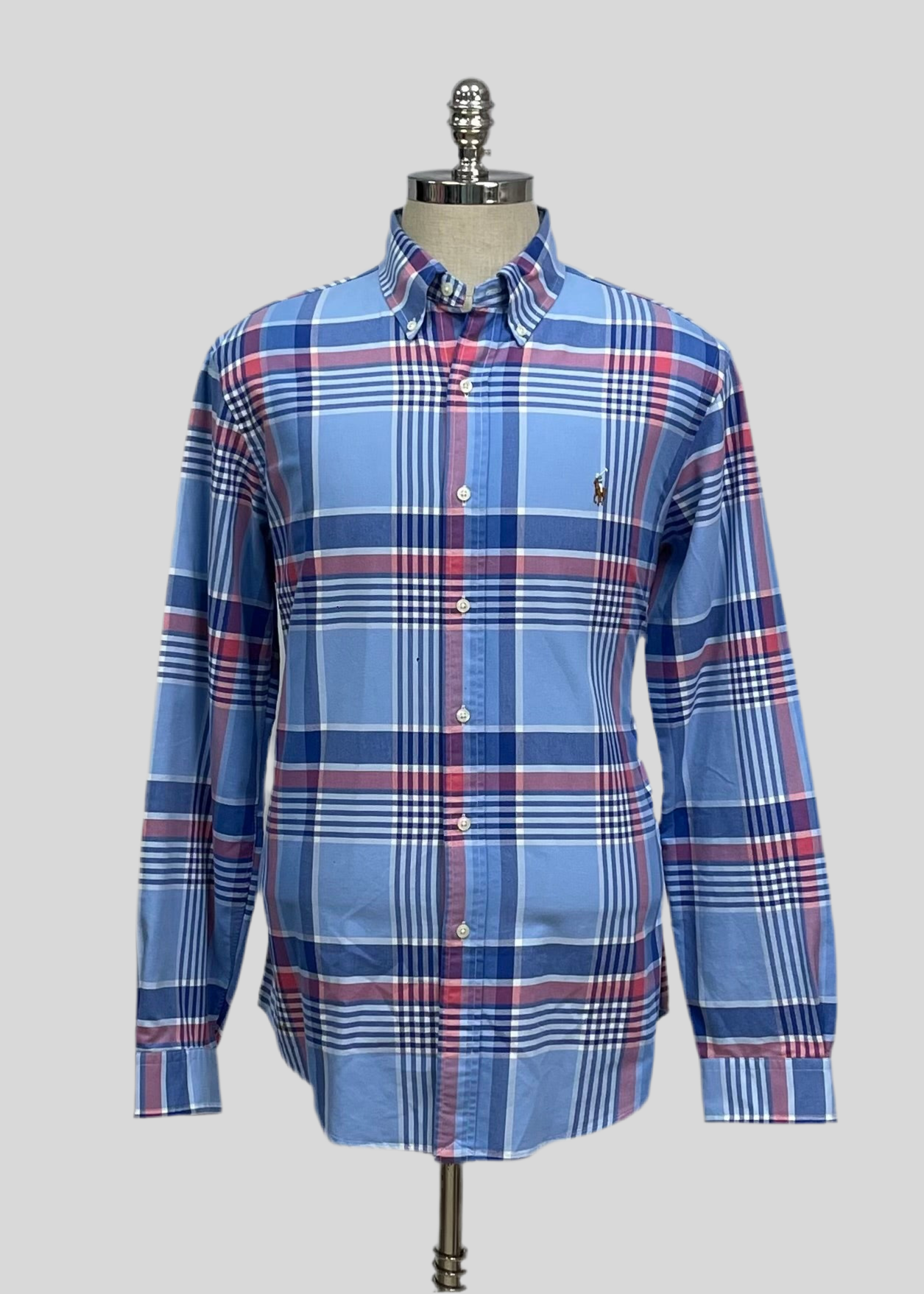 Camisa Polo Ralph Lauren 🏇🏼 Oxford con patron de cuadros tartán en color celeste, azul y rosado Talla S Entalle Regular