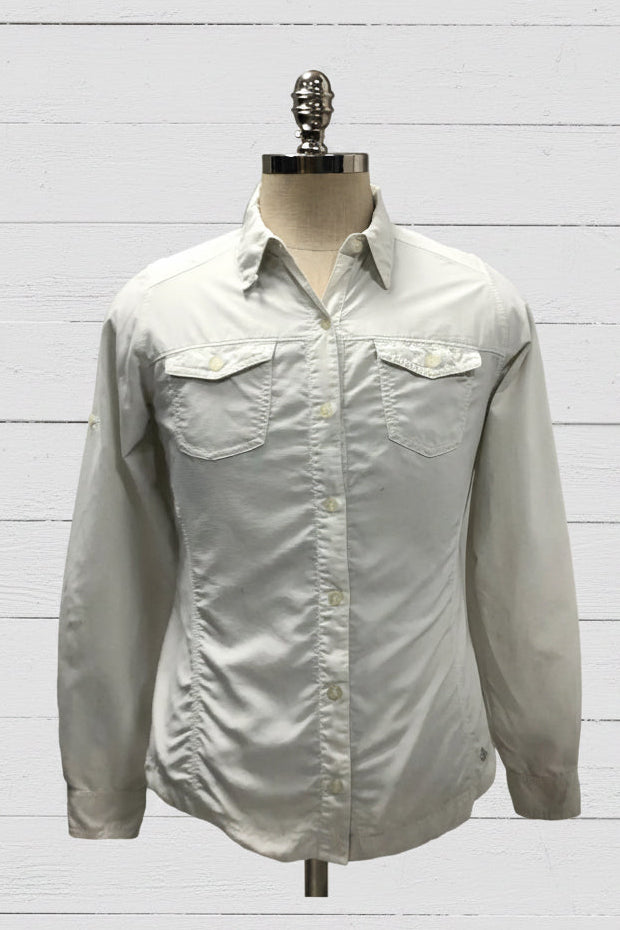 Camisa de mujer Columbia 🔹color gris claro con Omni Shade Manga larga Talla S (ver descripción)