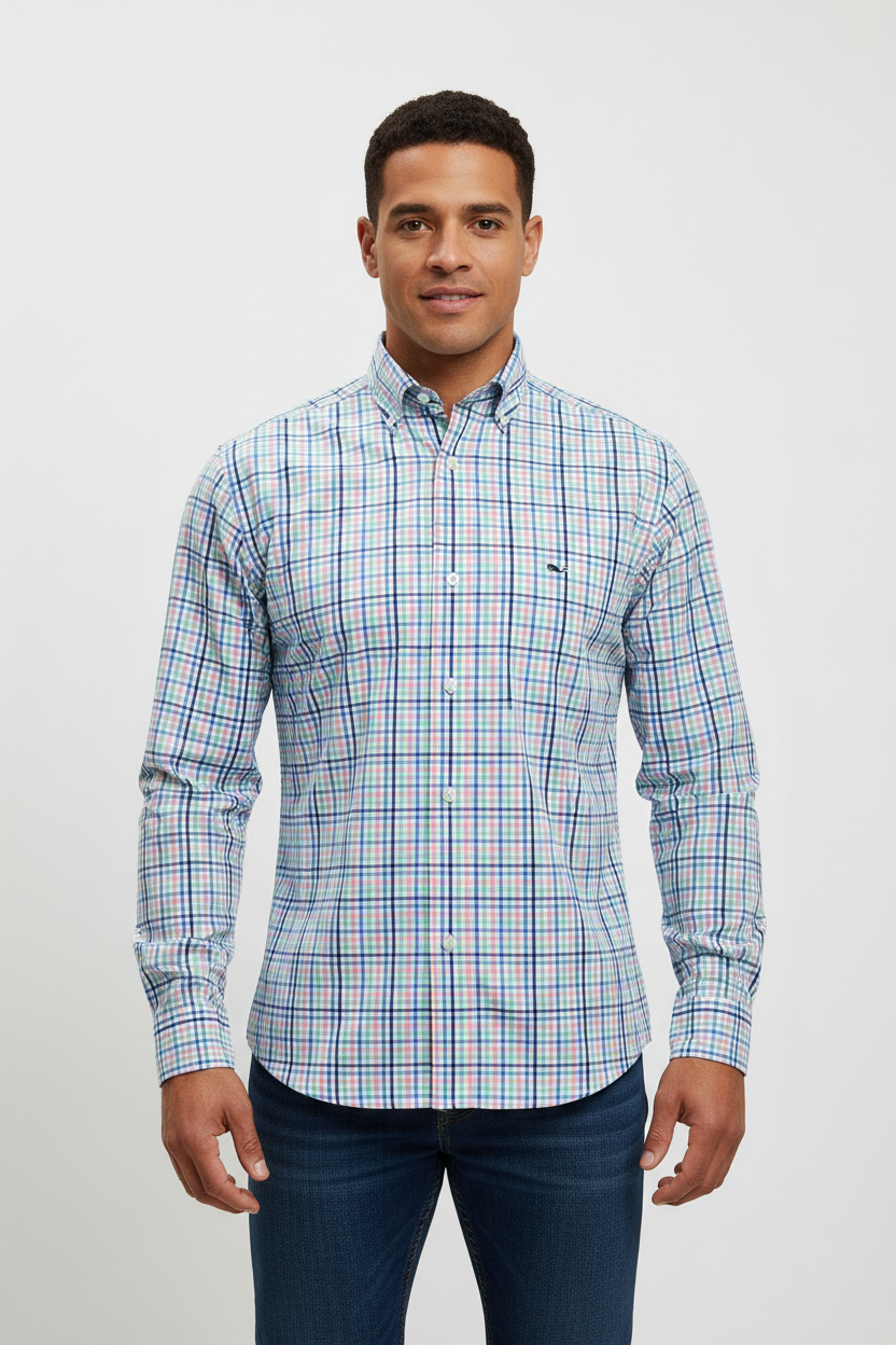 Camisa de botones Vineyard Vines 🐳 de cuadros en color turquesa, rosado, azul y blanco Talla S Entalle Clásico