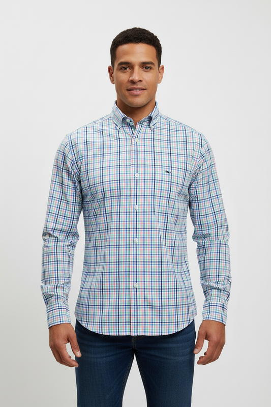 Camisa de botones Vineyard Vines 🐳 de cuadros en color turquesa, rosado, azul y blanco Talla S Entalle Clásico