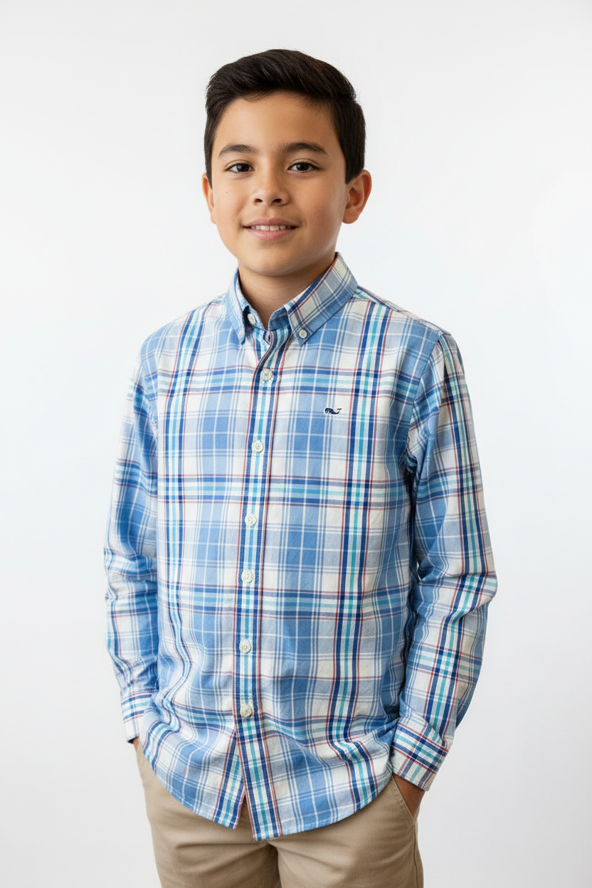 Camisa de niño Vineyard Vines 🐳 con patrón de cuadros en color azul, blanco y rojo Talla M (12-14) Entalle Regular