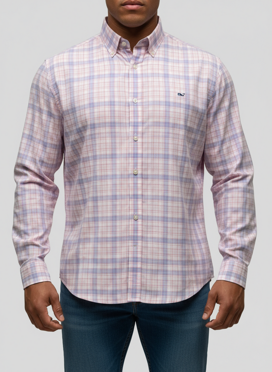 Camisa de botones Vineyard Vines 🐳 de cuadros en color rosado y celeste Talla L Entalle Regular