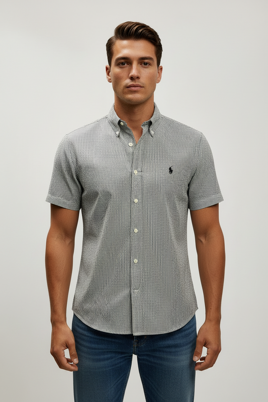 Camisa Polo Ralph Lauren 🏇🏼 Seersucker de rayas en color negro y blanco Talla S Entalle Regular