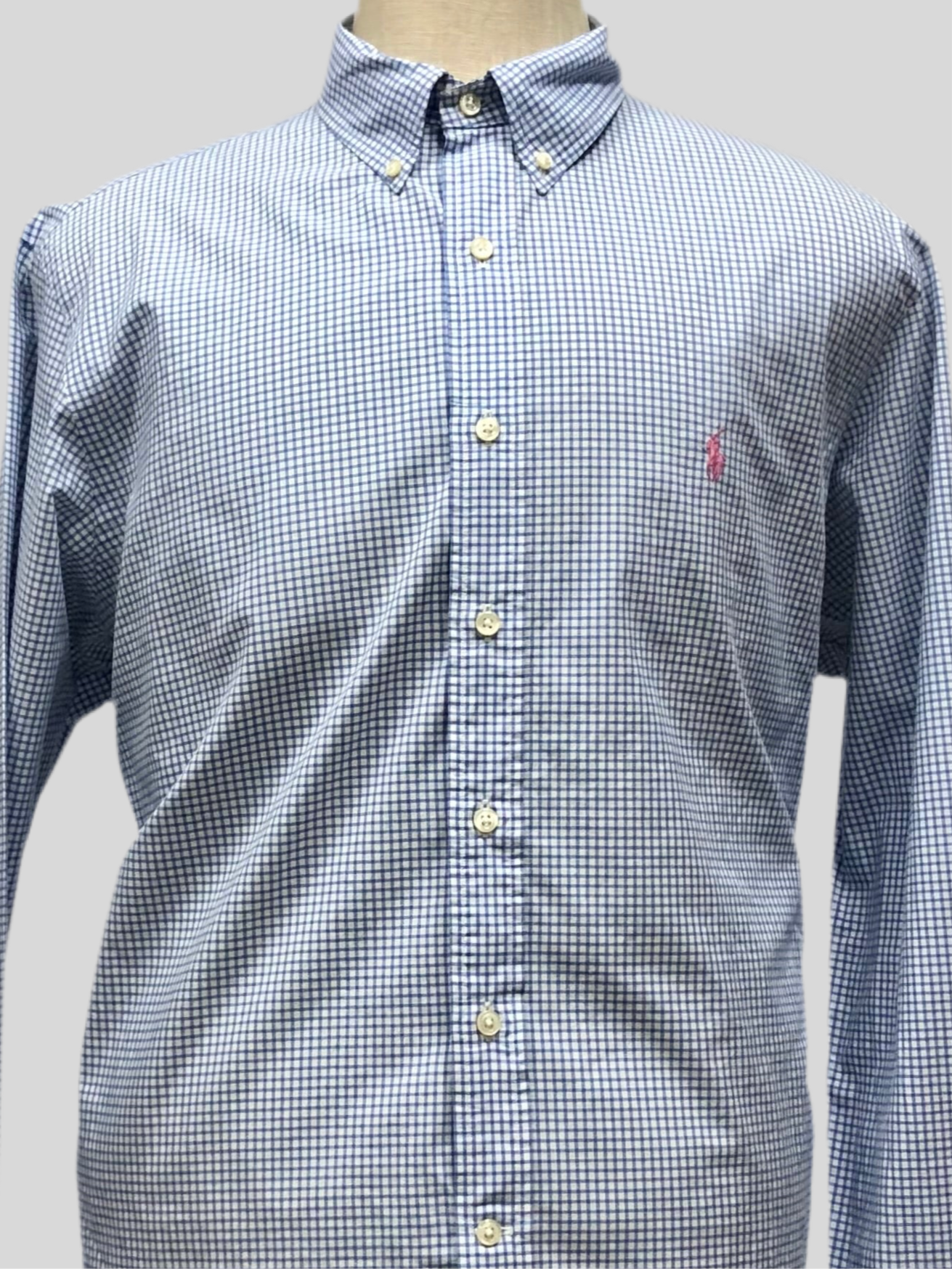 Camisa Polo Ralph Lauren 🏇🏼 color blanco con patron de cuadros en celeste Talla XL Entalle Regular