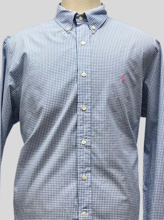 Camisa Polo Ralph Lauren 🏇🏼 color blanco con patron de cuadros en celeste Talla XL Entalle Regular