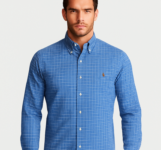 Camisa Polo Ralph Lauren 🏇🏼 Oxford color celeste de cuadros en color azul navy y blanco Talla L Entalle Slim Fit