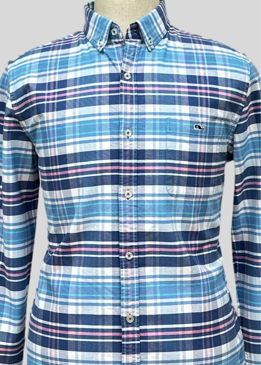 Camisa Vineyard Vines 🐳 de cuadros tartan en color azul,  rosado y blanco Talla L Entalle Slim Fit