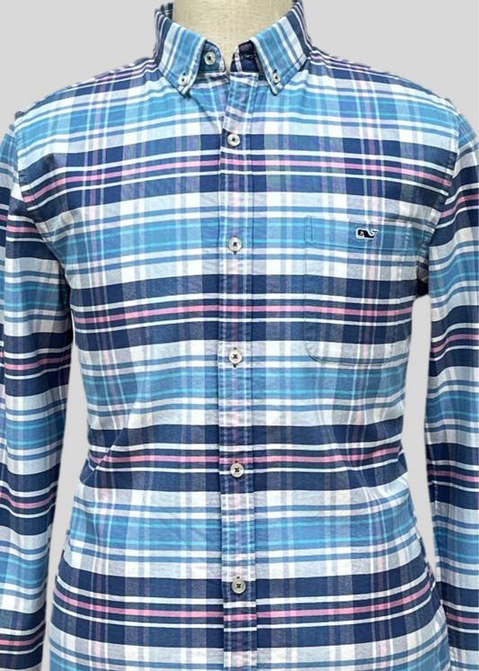 Camisa Vineyard Vines 🐳 de cuadros tartan en color azul,  rosado y blanco Talla L Entalle Slim Fit
