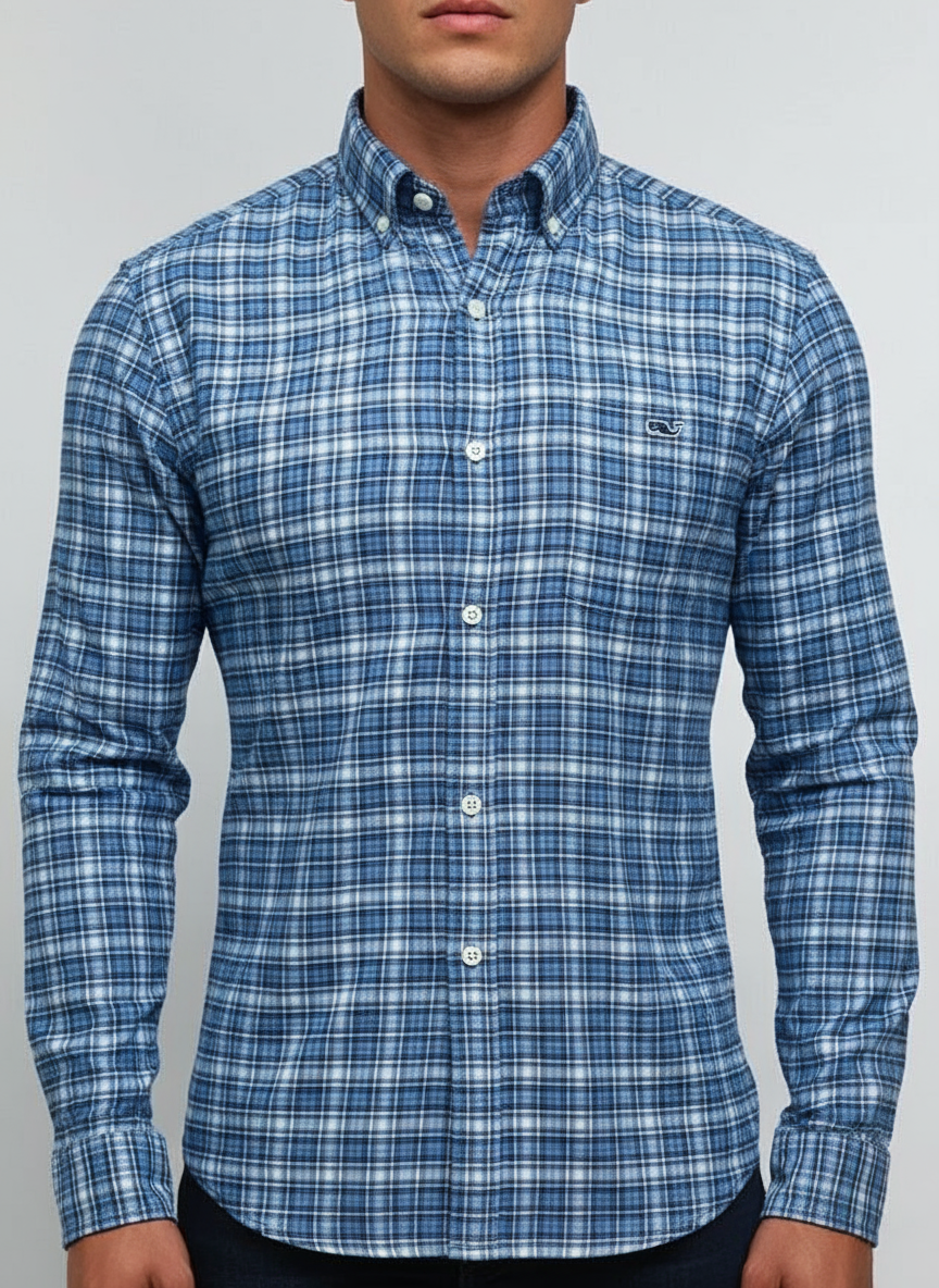 Camisa de botones Vineyard Vines 🐳 con patrón de cuadros en color azul, blanco y celeste Talla S Entalle Slim Fit