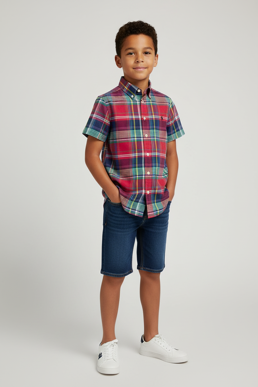 Camisa Polo Ralph Lauren 🏇🏼 con patron de cuadros en eojo, azul y verde Talla M (10-12) de niño Entalle Regular