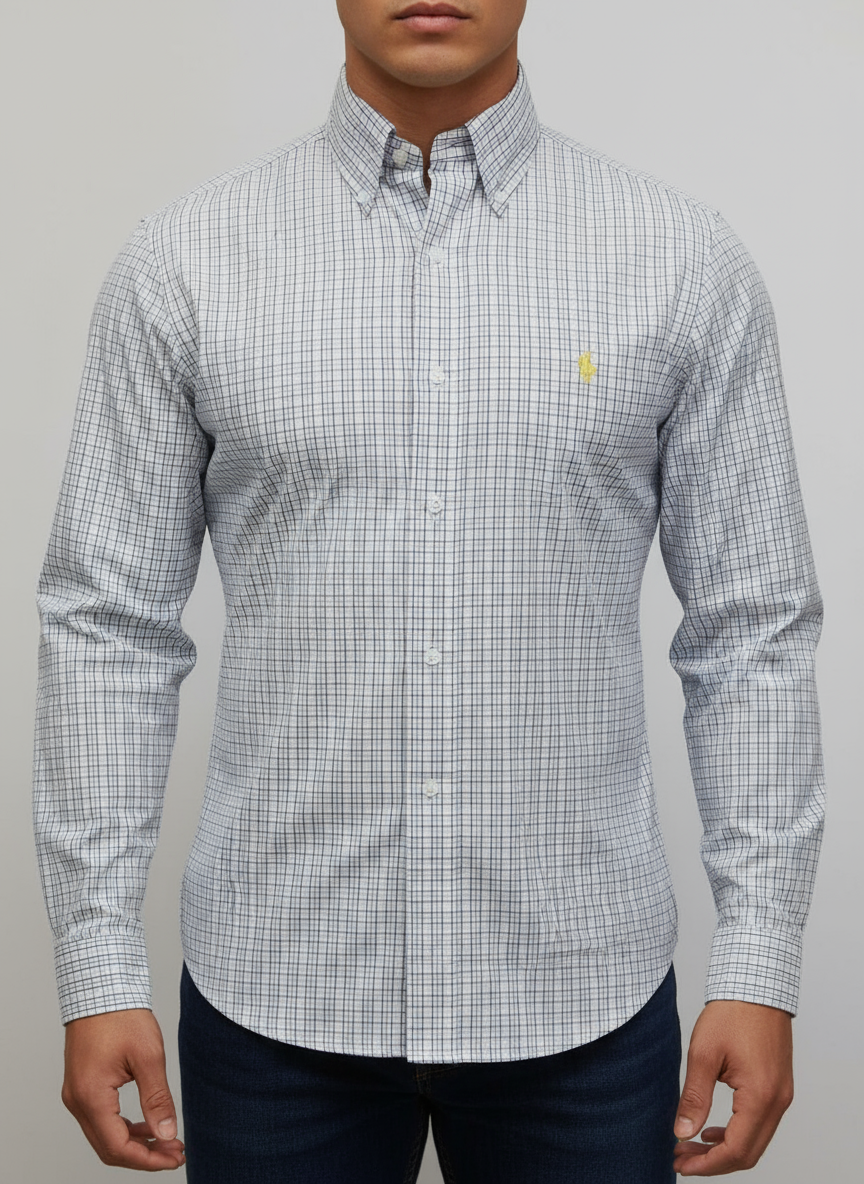 Camisa Polo Ralph Lauren 🏇🏼 color blanco con patrón de cuadros amarillo, azul y negro Talla M Entalle Slim Fit