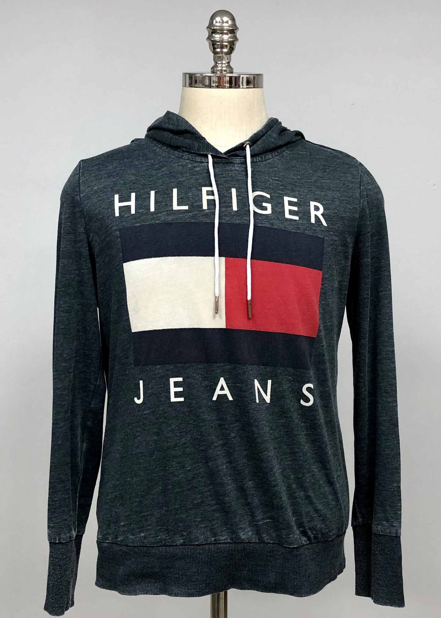 Camiseta con capucha de mujer Tommy Hilfiger 🇺🇸 color gris con logo tradicional de bandera Talla L