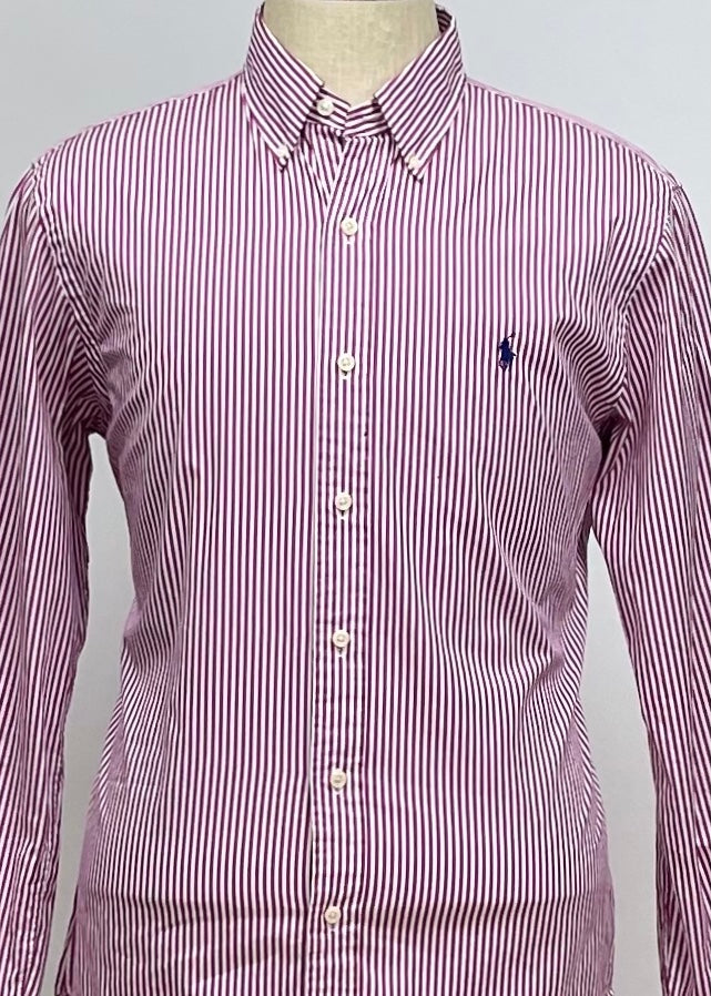 Camisa Polo Ralph Lauren 🏇🏼 con patron de rayas en color morado y blanco Talla L Entalle Slim Fit