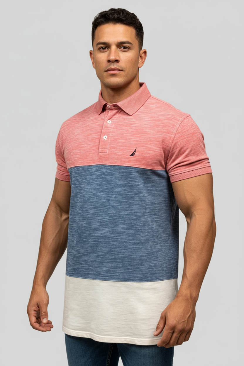 Camiseta Polo Nautica ⚓️ con patrón de franjas en color rosado, gris y crema Talla XL Entalle Regular