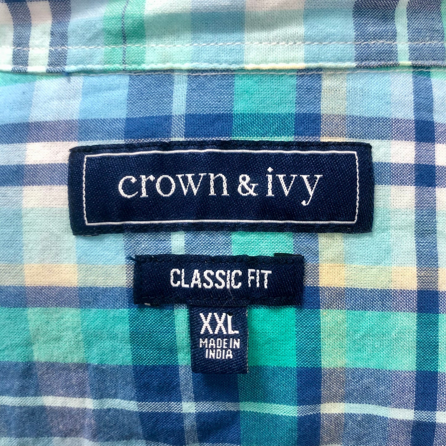 Camisa Crown & Ivy 👑 con patrón de cuadros tartán en color turquesa, azul y blanco Talla XXL Entalle Clásico