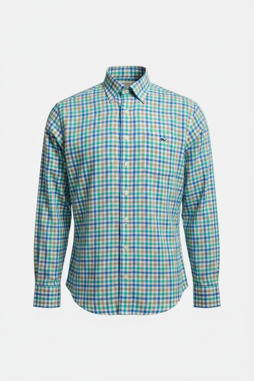 Camisa de botones Vineyard Vines 🐳 color blanco de cuadros en turquesa, kaki y azul Talla M Entalle Slim Fit