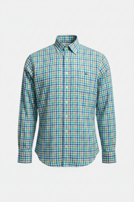 Camisa de botones Vineyard Vines 🐳 color blanco de cuadros en turquesa, kaki y azul Talla M Entalle Slim Fit
