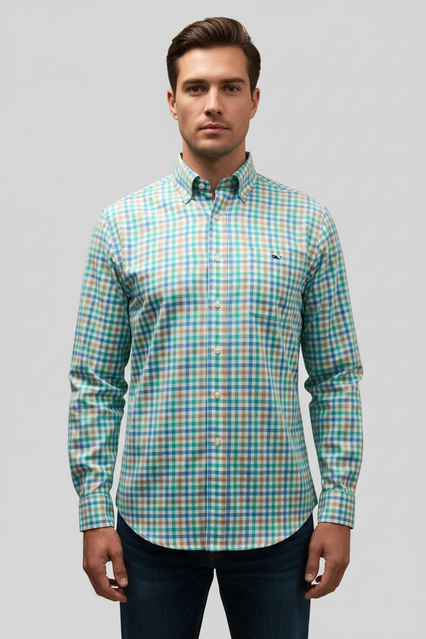 Camisa de botones Vineyard Vines 🐳 color blanco de cuadros en turquesa, kaki y azul Talla M Entalle Slim Fit
