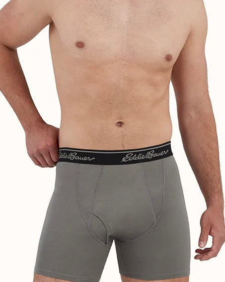 Paquete de 4 Calzoncillos tipo Boxer marca Eddie Bauer Microfibra - Tela dry-fit en color negro, azul, esmeralda y gris Talla S y L