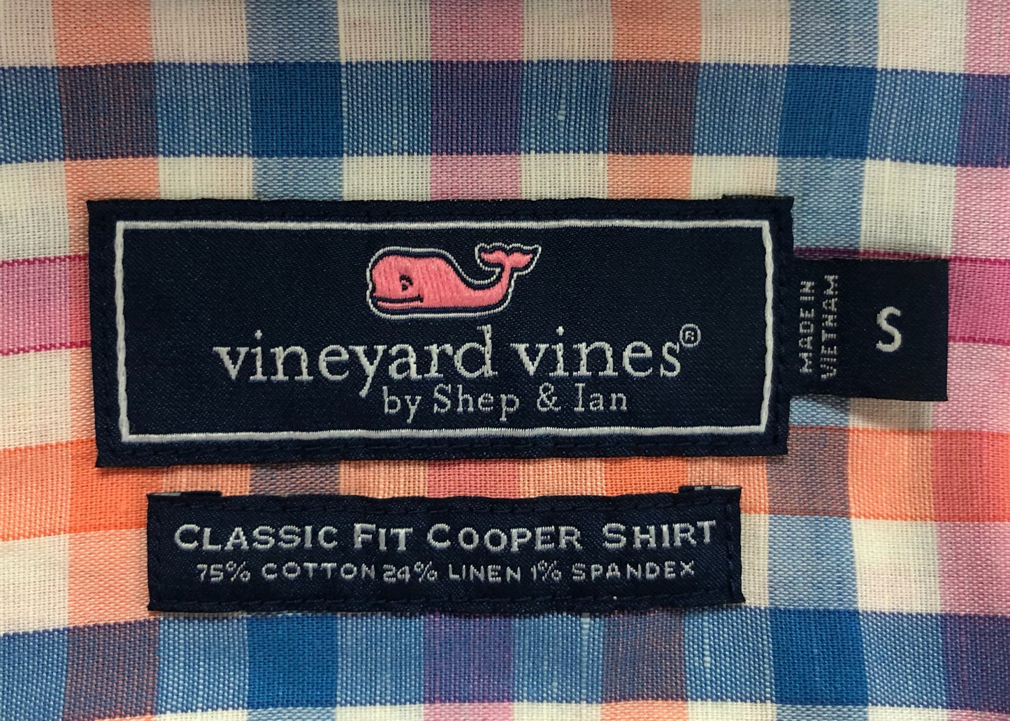 Camisa de botones Vineyard Vines 🐳 color blanco de cuadros en rosado, naranja y azul Talla S Entalle Clásico