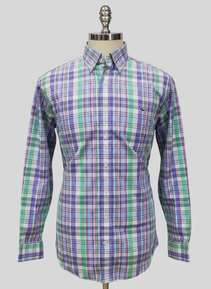 Camisa de botones Vineyard Vines 🐳 de cuadros en color morado, verde y blanco Talla L Entalle Slim Fit (ver descripción)
