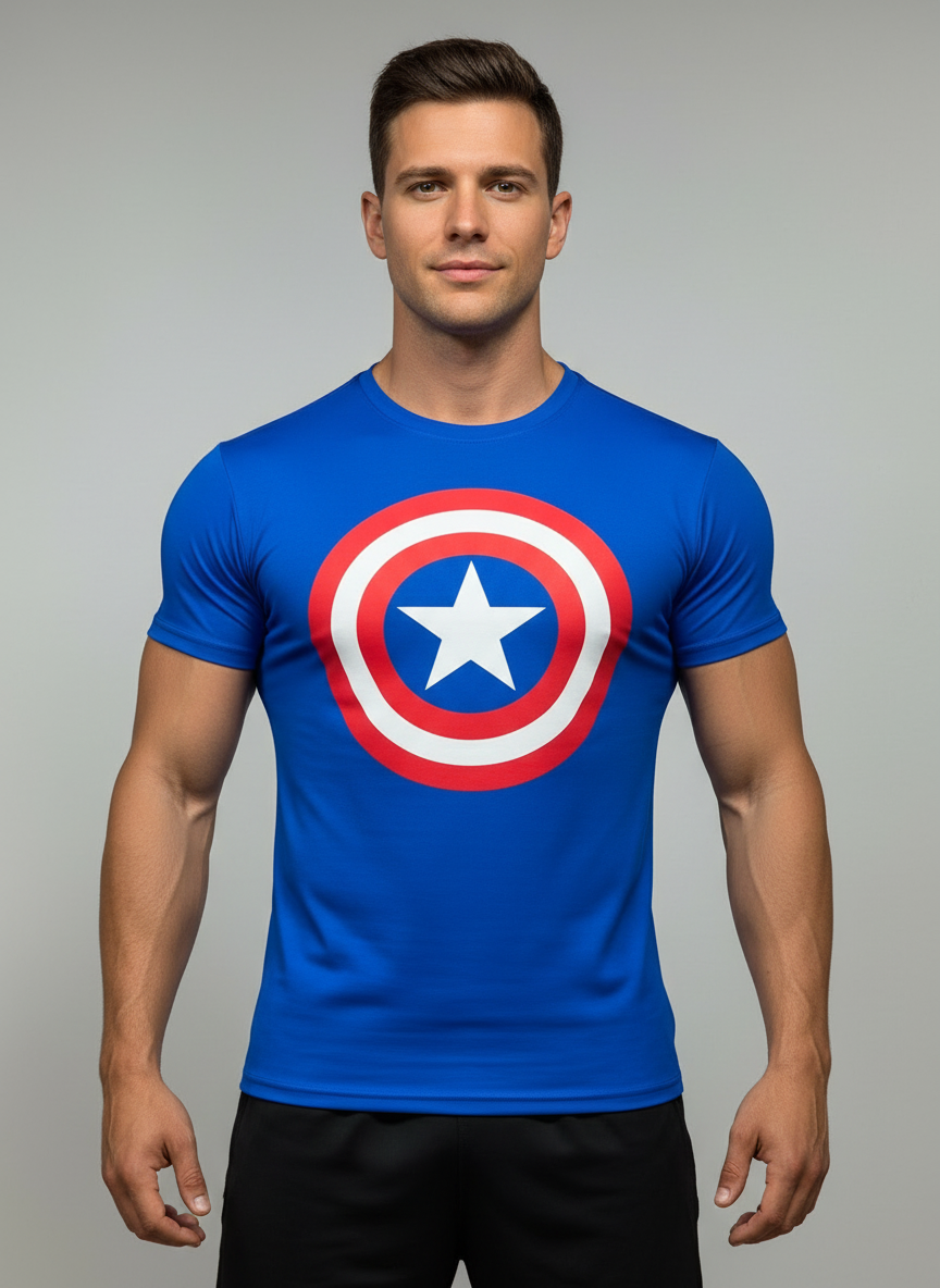 Camiseta de compresión Under Armour 🏋🏽 color azul con diseño de capitán america Talla M