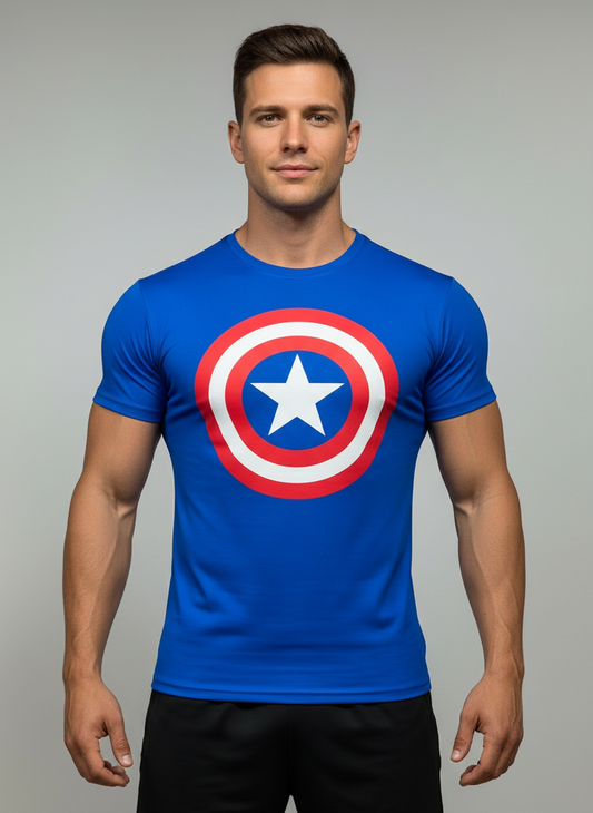 Camiseta de compresión Under Armour 🏋🏽 color azul con diseño de capitán america Talla M