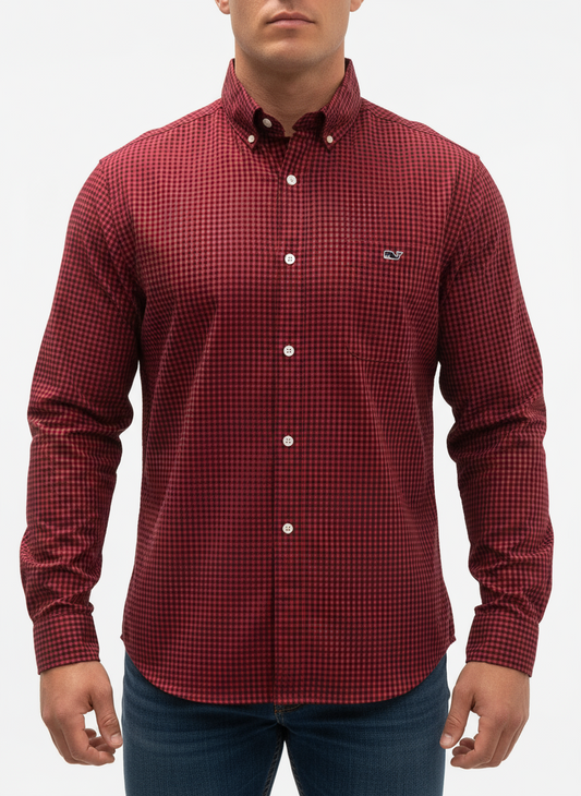 Camisa de botones Vineyard Vines 🐳 con patrón de cuadros en color rojo y negro Talla L Entalle Clásico
