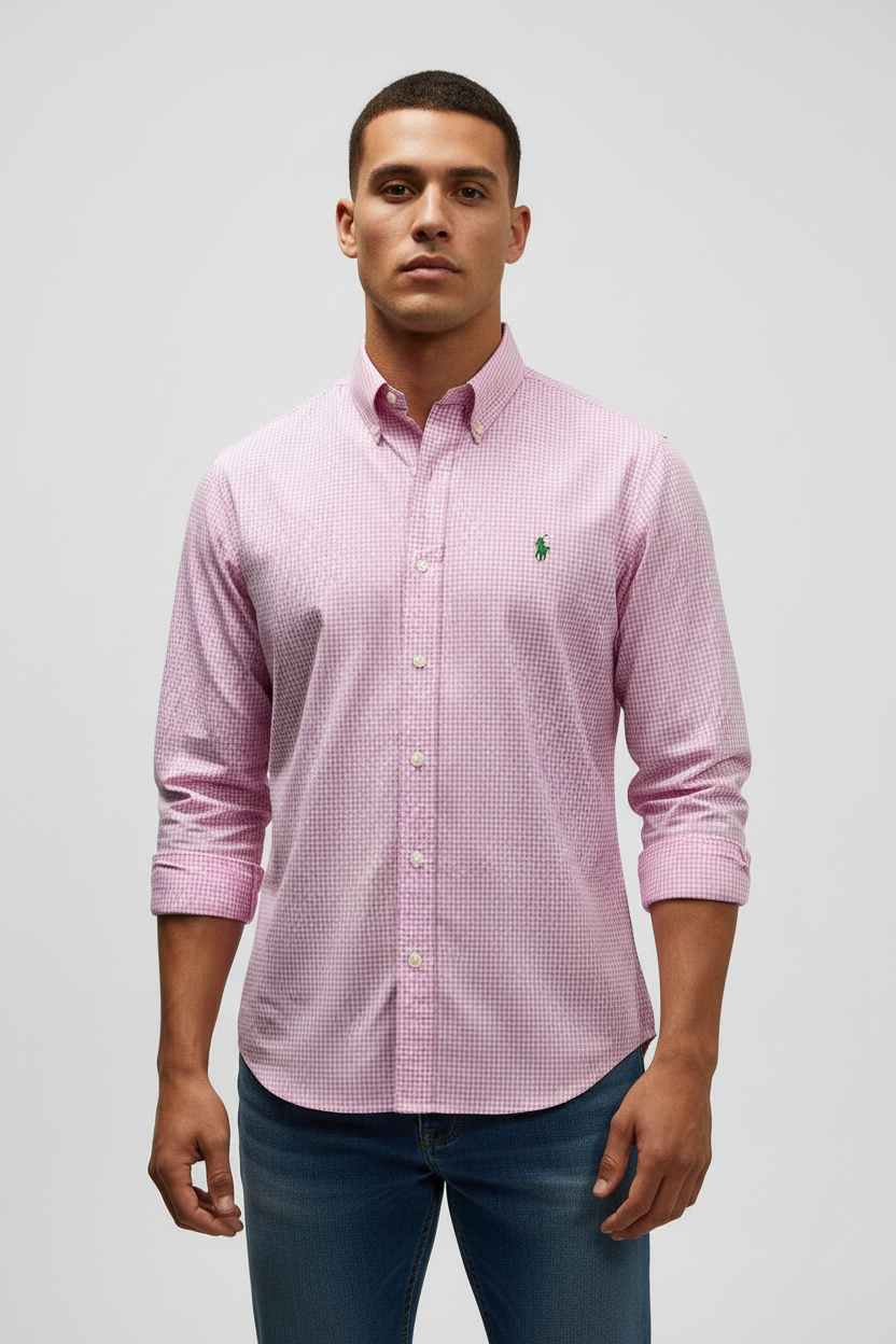 Camisa Polo Ralph Lauren 🏇🏼 de cuadros gingham rosado y blanco Talla L Entalle Regular