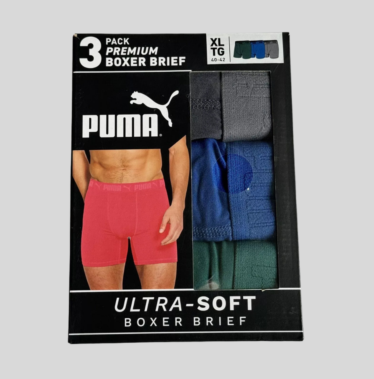 Combo de 3 Boxers Briefs Puma Tela de algodon ultra soft color Gris azul y verde Talla L y XL