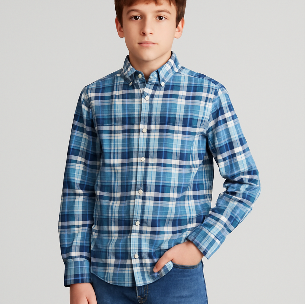 Camisa Polo Ralph Lauren 🏇🏼 con patron de cuadros en azul, celeste y blanco Talla L (14-16) de niño Entalle Regular