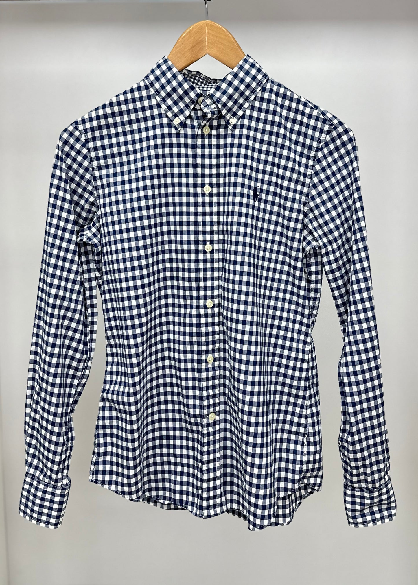 Camisa de mujer Polo Ralph Lauren 🏇🏼 con patrón de cuadros gingham azul y blanco Talla S Entalle Slim Fit