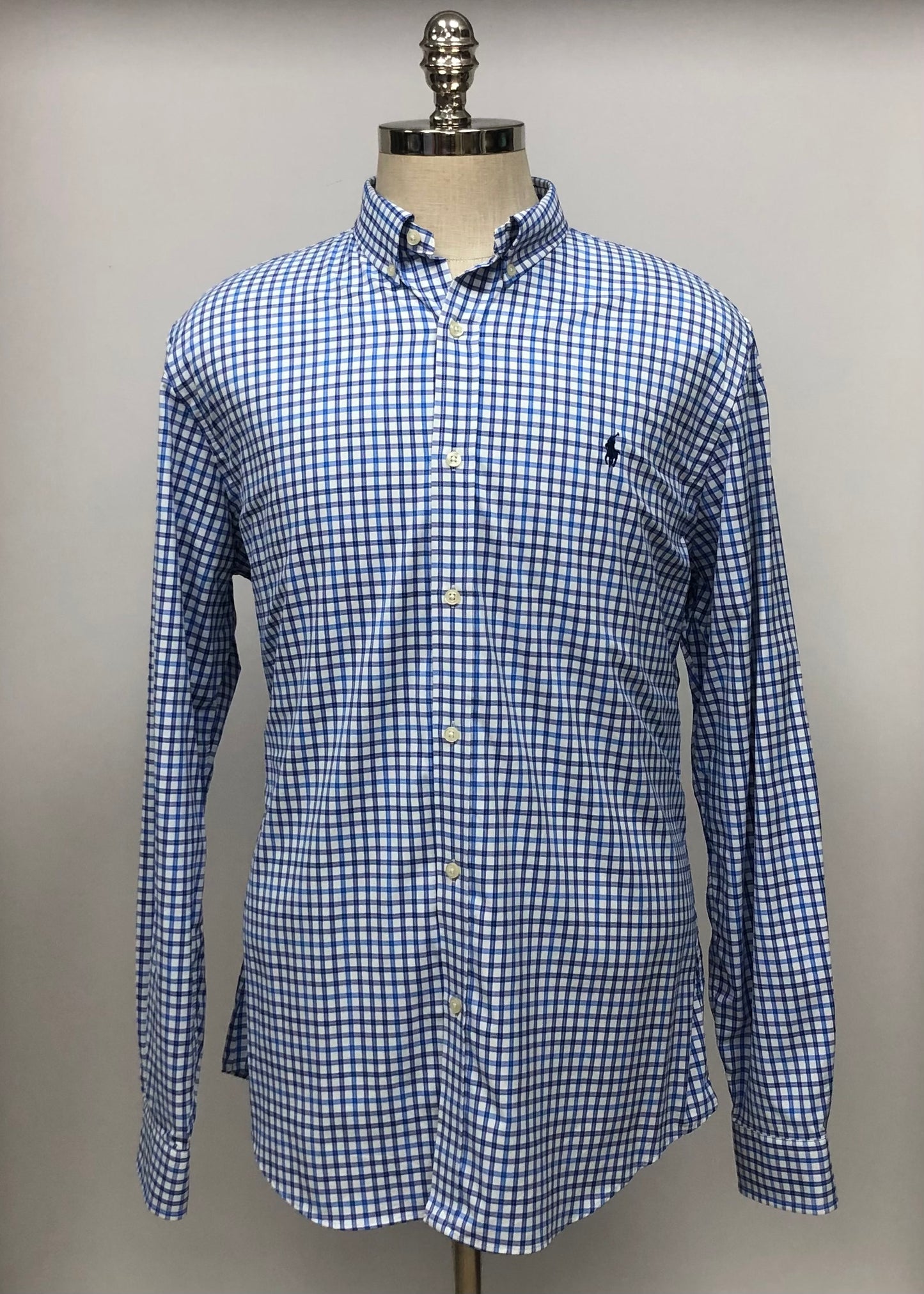 Camisa Polo Ralph Lauren 🏇🏼 color blanco con patrón de cuadros azul y celeste Talla XL Entalle Slim Fit